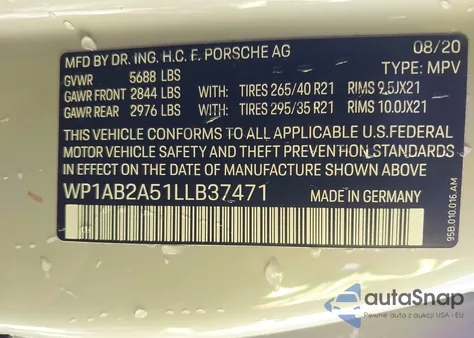 2020 Porsche Macan S z USA, uszkodzony, nr VIN WP1AB2A51LLB37471